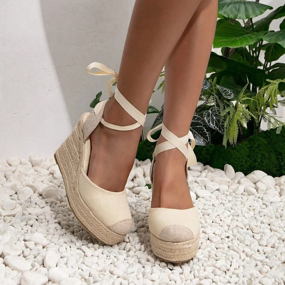 Apricot Boho Women's Vacation Tie Leg Design Espadrille Wedge Shoes